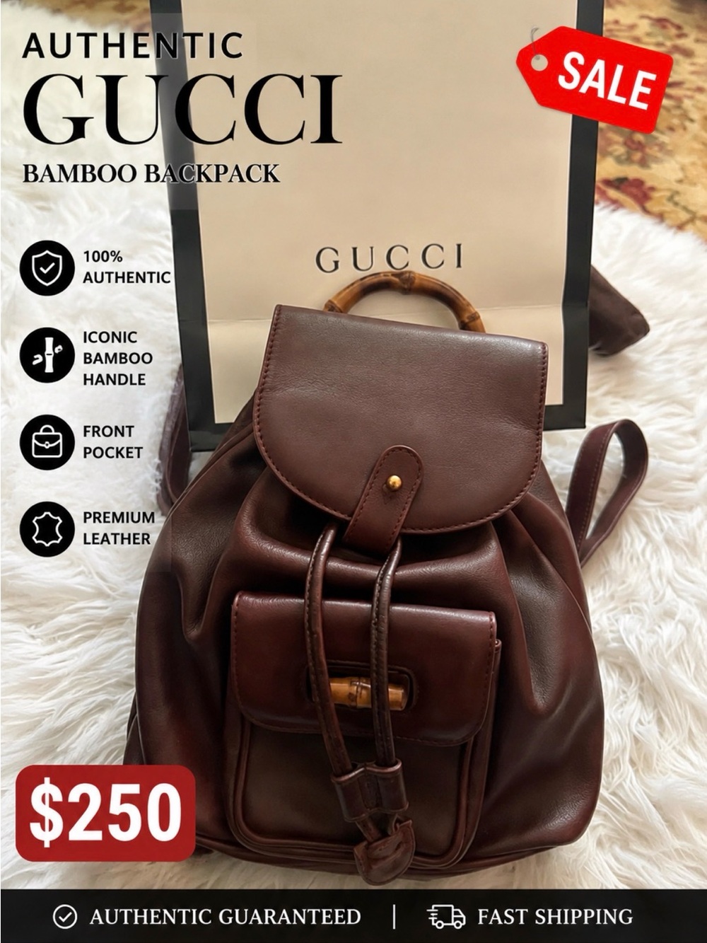 Gucci Brown Leather Backpack with Bamboo Handle Accent  authentic 100%